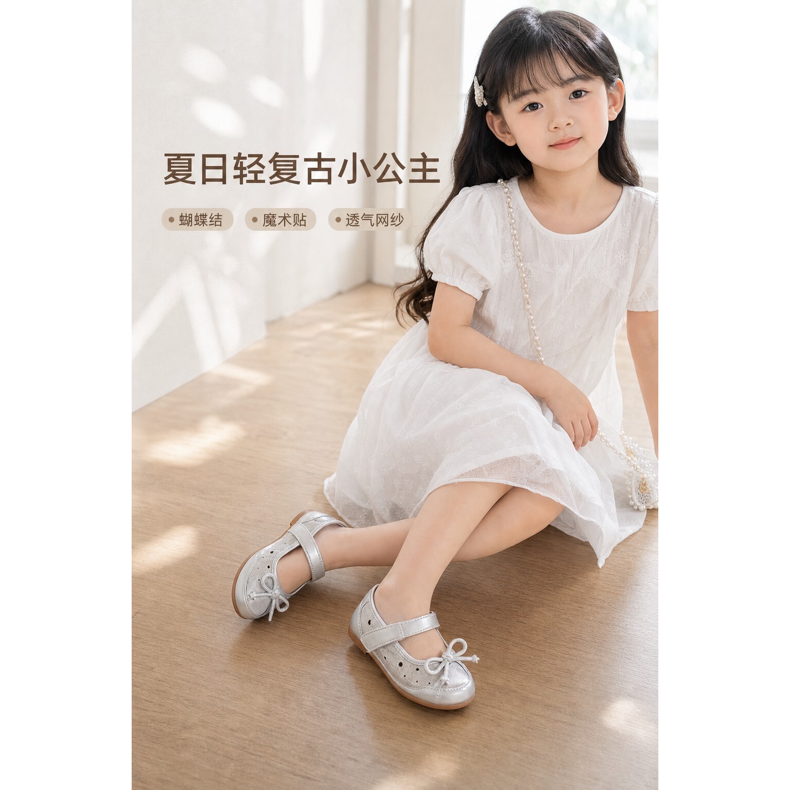 女童夏季超纤皮蝴蝶结玛丽珍鞋浅口魔术贴透气网纱单鞋休闲鞋日常