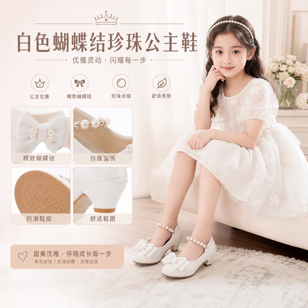 童鞋工厂儿童皮鞋白色蝴蝶结春秋季女童高跟公主鞋珍珠潮单鞋