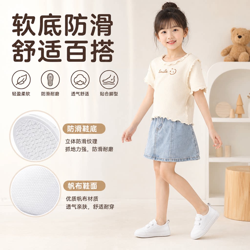 儿童帆布鞋女童小白鞋软底布鞋男小童防滑幼儿园室内鞋宝宝弹力鞋