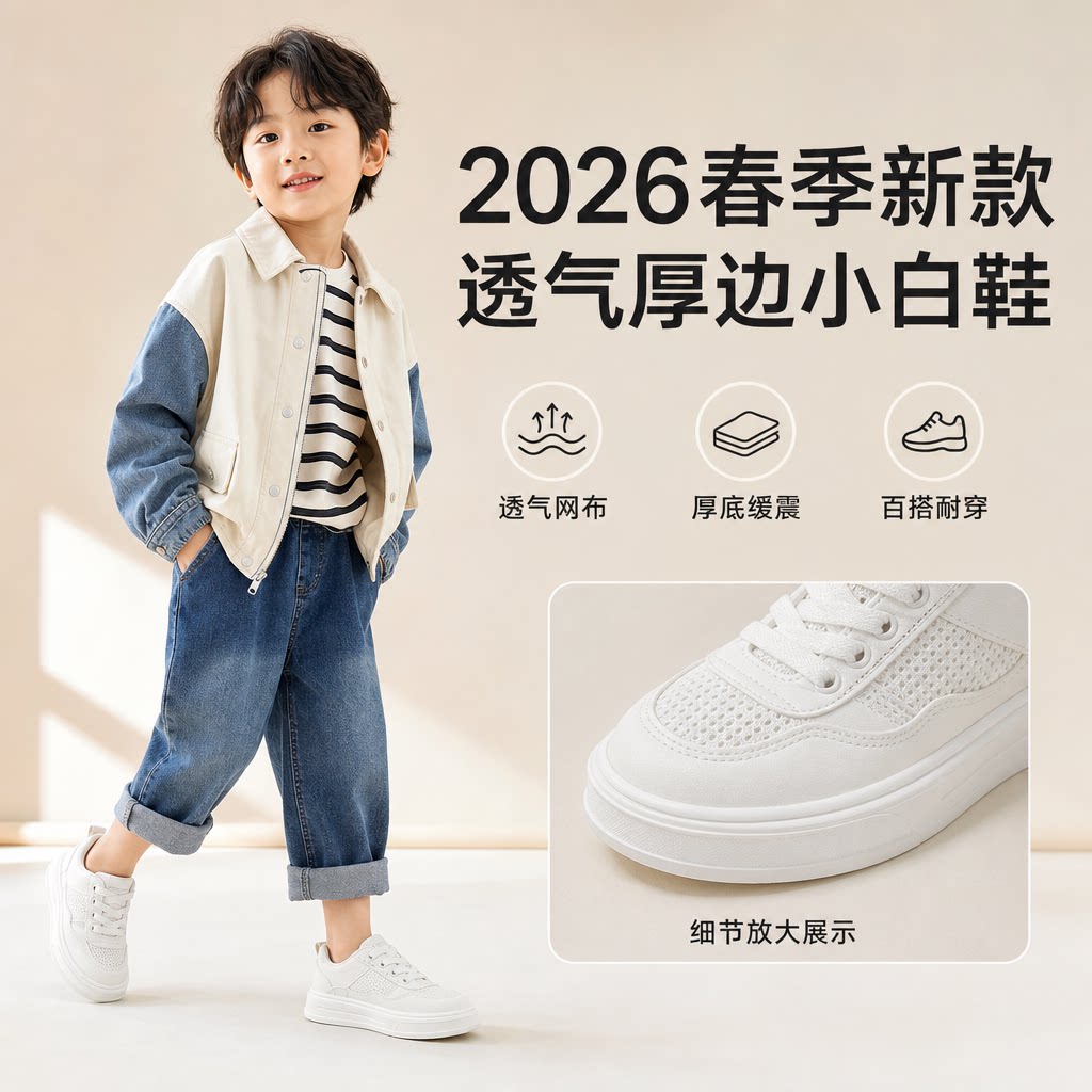 儿童帆布鞋2026春季新款韩版小中大男女童学生板鞋透气厚边小白鞋