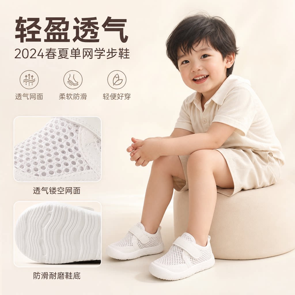 儿童板鞋运动鞋男女宝宝学步鞋婴儿鞋2024春夏镂空单网鞋小白鞋