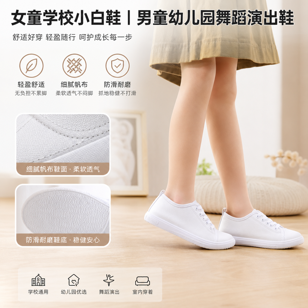 女童学校小白鞋男童幼儿园舞蹈鞋演出纯白鞋室内儿童小白鞋帆布鞋