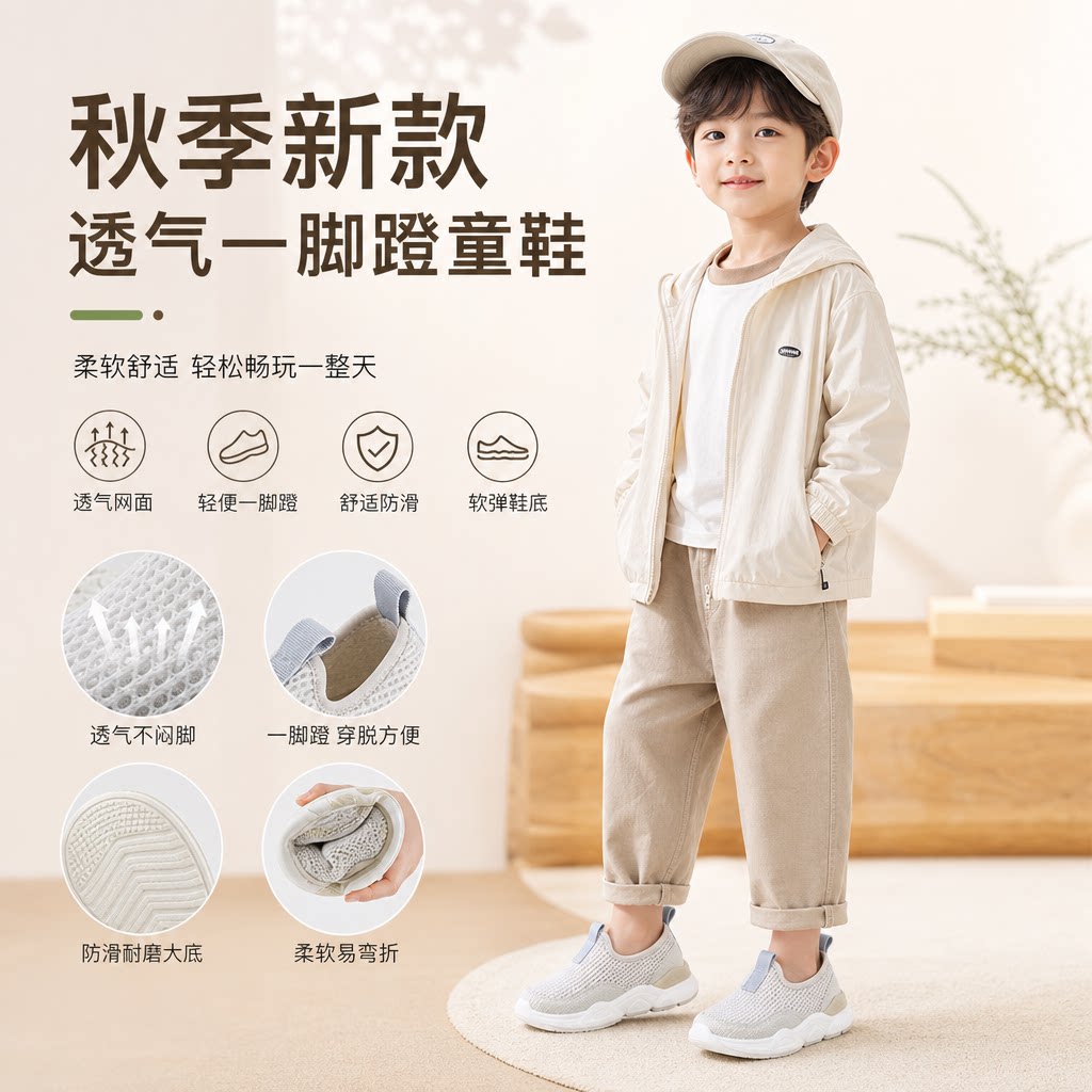 儿童鞋秋季新款运动鞋女童休闲板鞋中小童男童透气网鞋一脚蹬
