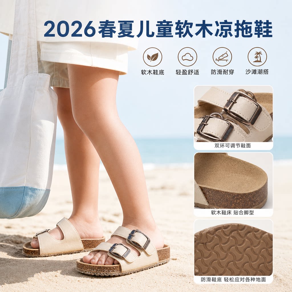 2026春夏儿童男女童软木凉拖鞋拖鞋一字拖人字拖潮沙滩韩版双环