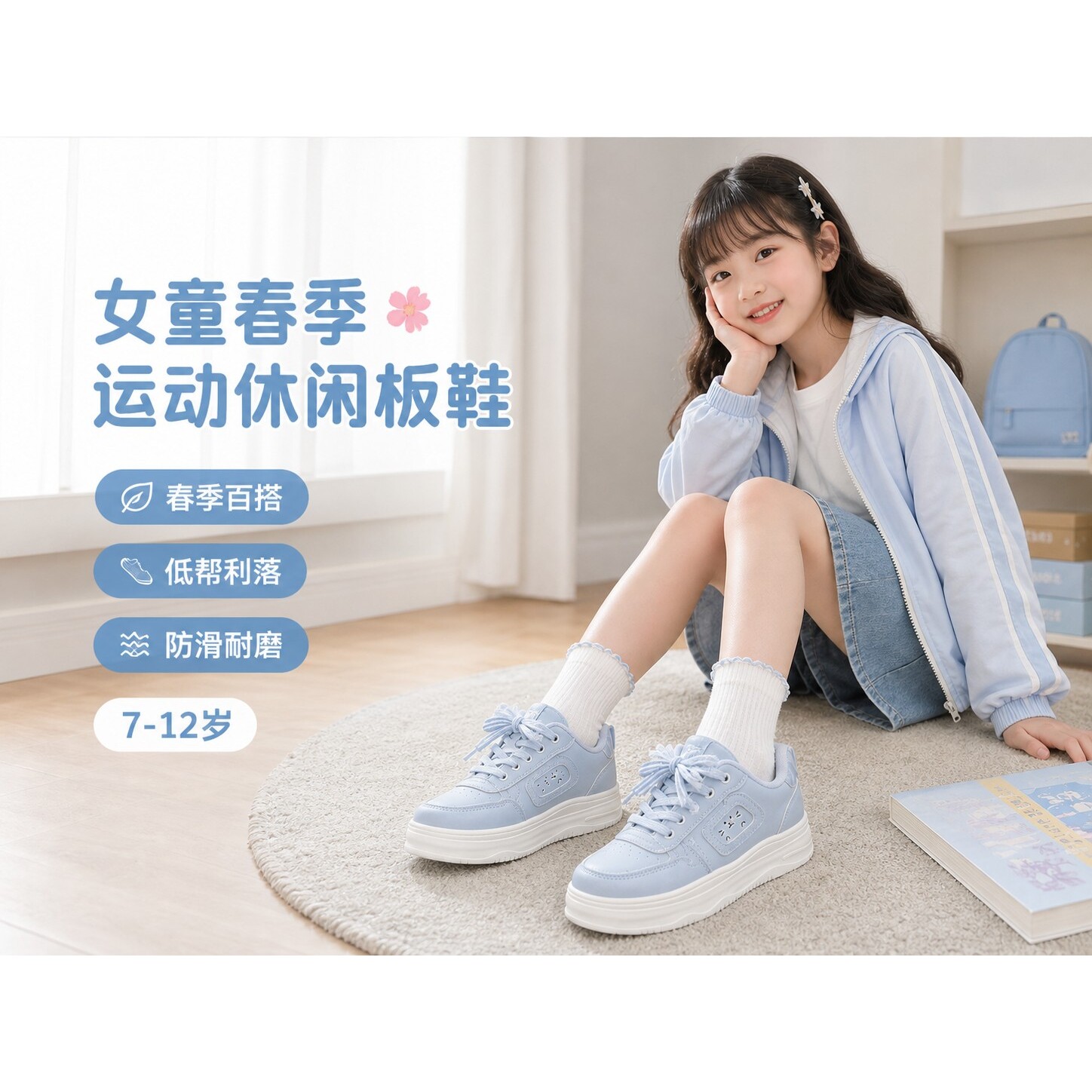 女童春季蓝色低帮合成革运动休闲板鞋学生日常百搭儿童鞋穿搭