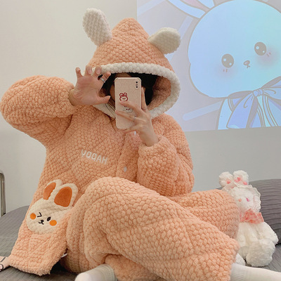 睡衣冬季女款加绒加厚三层夹棉连