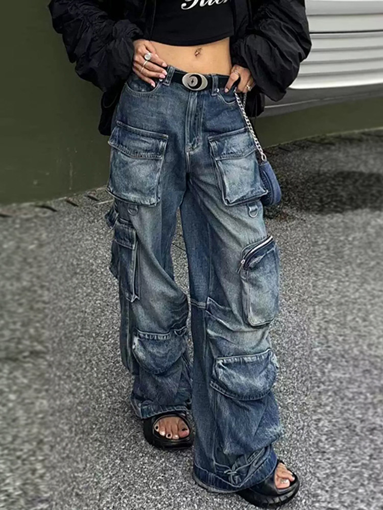 thumbnail for DDNX American Retro Multi Pocket Cargo Jeans Men's and Women's Street Style Babes Distressed Washed Wide-Leg Pants Tide