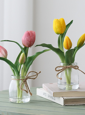 高档软胶手感郁金香仿真花小盆栽客厅假花餐桌花装饰摆件拍照道具