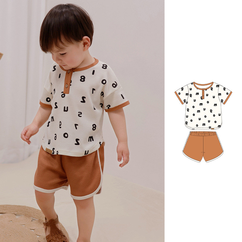 婴幼童华夫格圆领套装凉爽透气2025夏季男女宝宝短袖短裤两件套