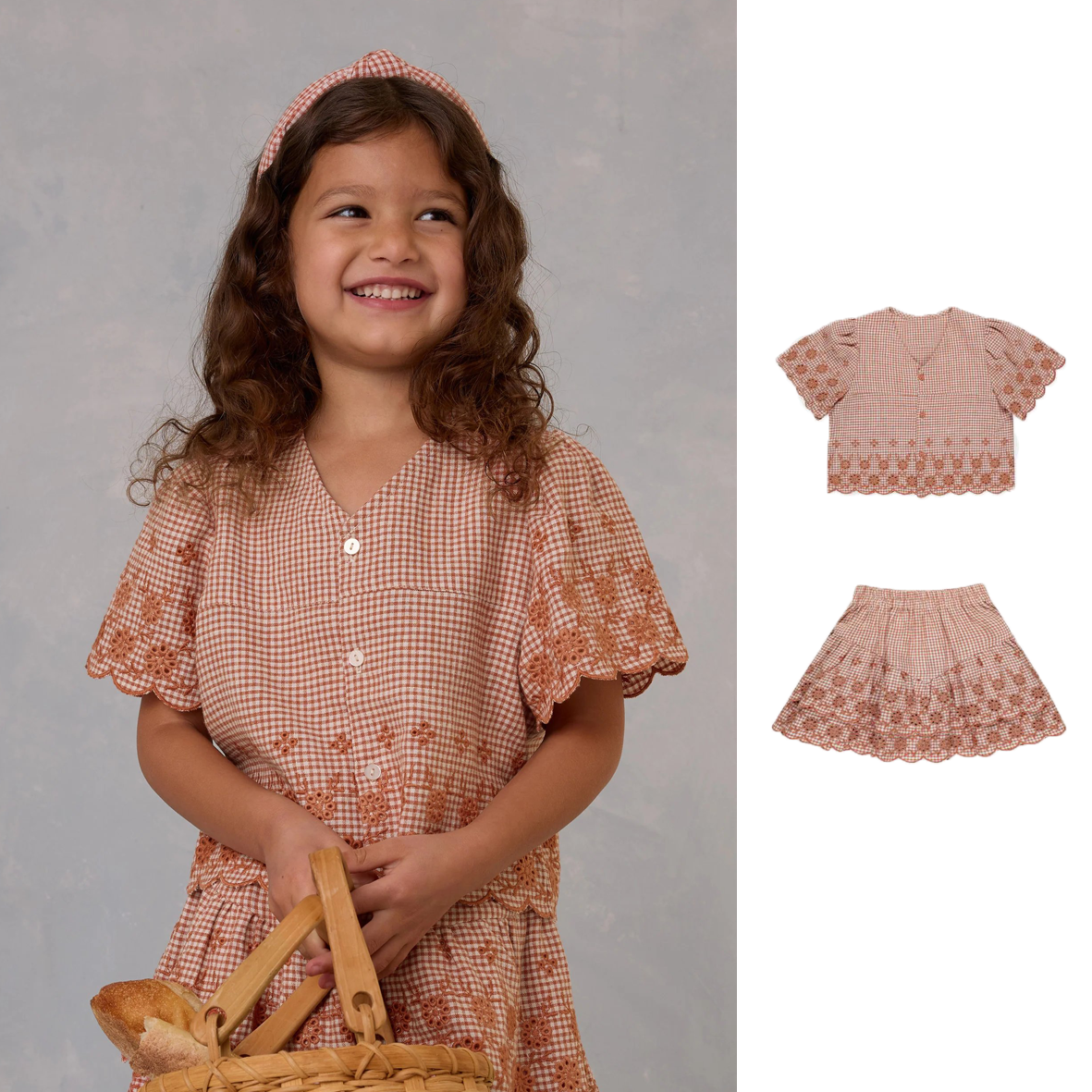 女童上衣裙子套装2025夏季新款女宝时尚印花红格子短袖短裙童装