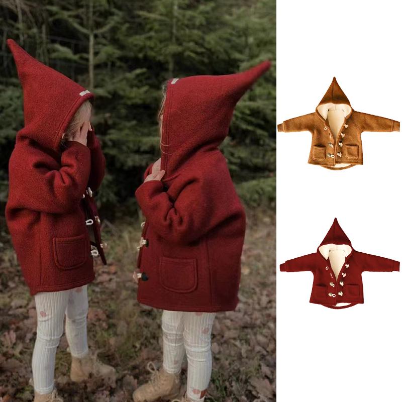 儿童精灵帽外套2024欧美秋冬新款男童女童加厚上衣宝宝保暖呢大衣