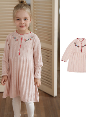 儿童连衣裙2026甜美风连衣裙女童粉色针织长袖裙春秋款刺绣公主裙