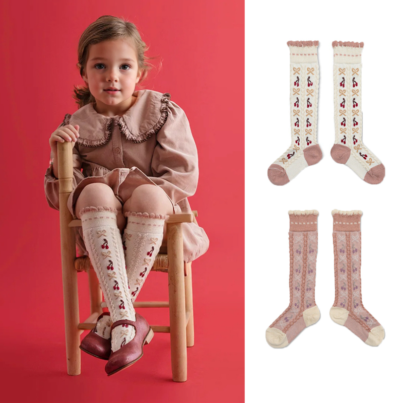 女童蝴蝶结提花花边袜