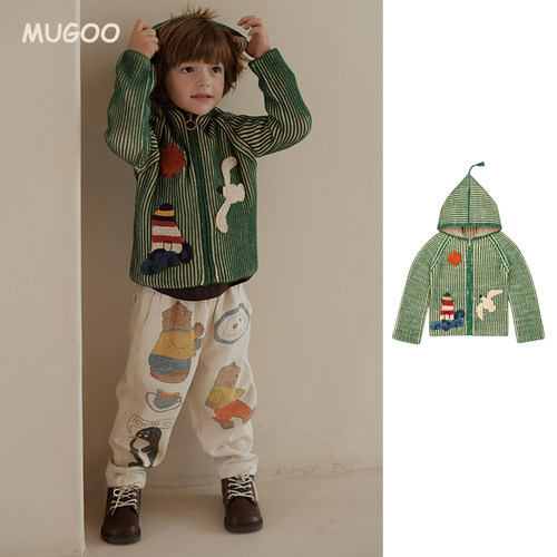 儿童连帽针织开衫外套秋冬新款北欧风男女童立体卡通图案开衫外套