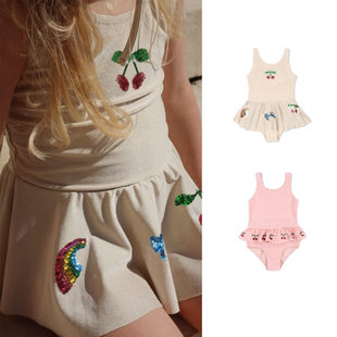 女童吊带连体泳衣夏季 速干游泳衣 可爱粉色格子亮片北欧儿童泳装