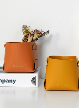 ins风桌面可折叠收纳盒黄色皮革卧室灰色书杂物收纳整理小号