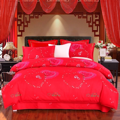 大红色婚件结婚床上四庆套1.8m2B米床少人粉双心床单被套220x2l