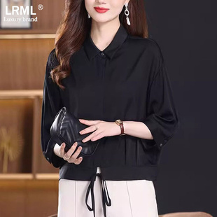 真丝t恤女2025年夏季 女士上衣 新款 高档蝙蝠遮肚系带气质减龄修身