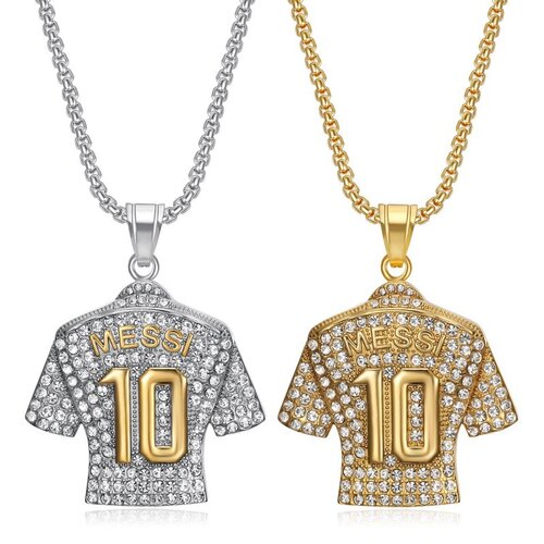 新款嘻哈HIPHOP饰品 钛钢镀金镶钻足球MESSI梅西10号球衣吊坠项链