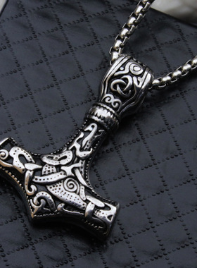 外贸不锈钢长款北欧维京海盗奥丁三角结标志雷神锤子钛钢吊坠项链