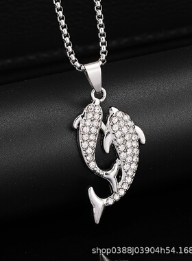 新款黑白双鱼满钻锦鲤吊坠挂件嘻哈可爱海豚情侣长款毛衣链项链饰