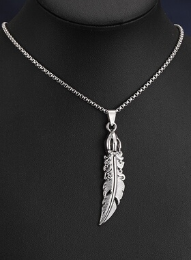 2025新款个性复古羽毛吊坠项链欧美流行简约长款不锈钢挂件饰品潮