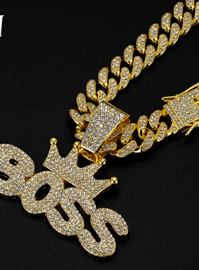 欧美跨境嘻哈潮男饰品皇冠boss吊坠合金满钻古巴链项链工厂