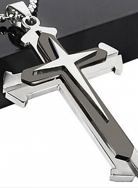 欧美饰品男士项链 三层带钻十字架吊坠 分开叉黑色蓝色零售