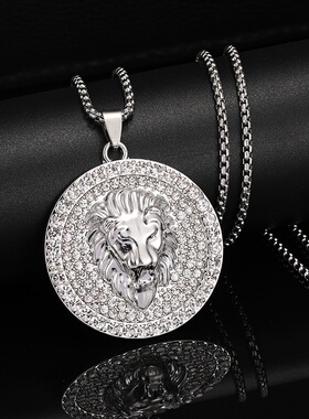 欧美热卖时尚嘻哈个性满钻霸气狮子头项链圆形镶钻吊坠2024新款潮