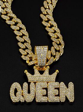 跨境新品热销合金满钻皇冠QUEEN字母吊坠古巴项链嘻哈潮男配饰
