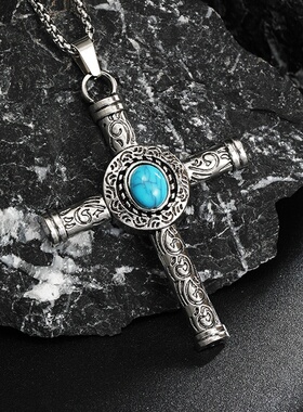 2025新款欧美绿松石十字架项链男长款哥特复古风不锈钢吊坠毛衣链