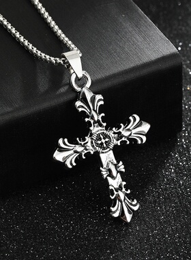 亚马逊新款复古个性十字架吊坠项链男钛钢潮人配饰朋克嘻哈饰品女