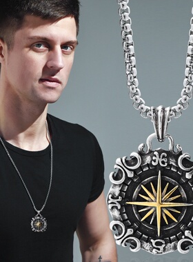 男士钛钢项链复古星海罗盘吊坠海盗潮牌百搭毛衣链欧美跨境