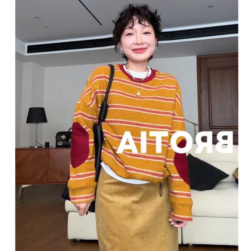 撞黄色条纹圆领长袖卫衣女秋冬季韩系穿搭复古设计感小众T恤上衣