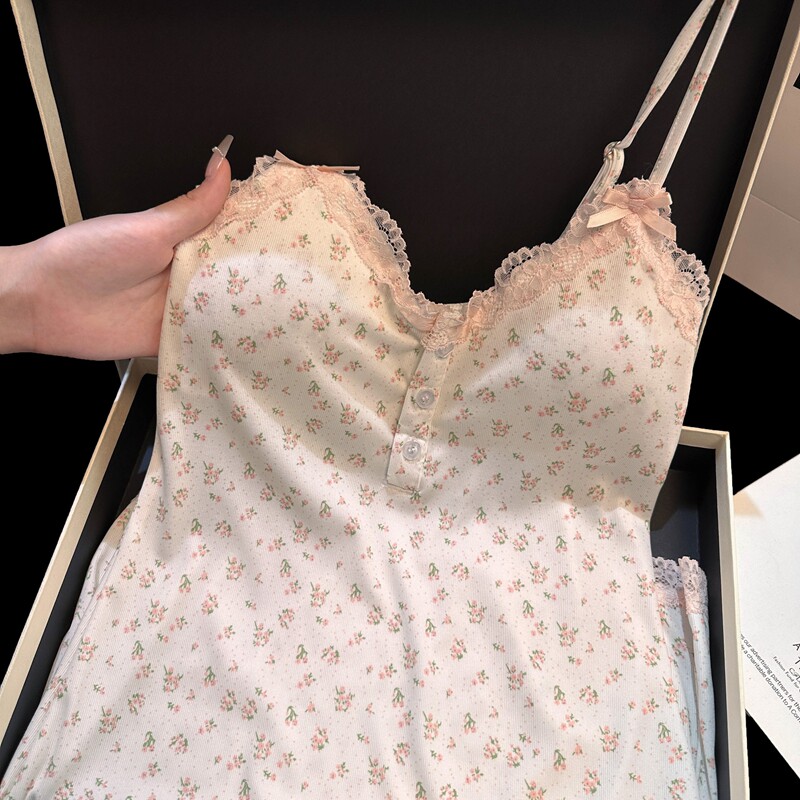 少女甜美小碎花性感睡衣纯欲风蕾丝吊带睡裙带胸垫春夏季2026新款