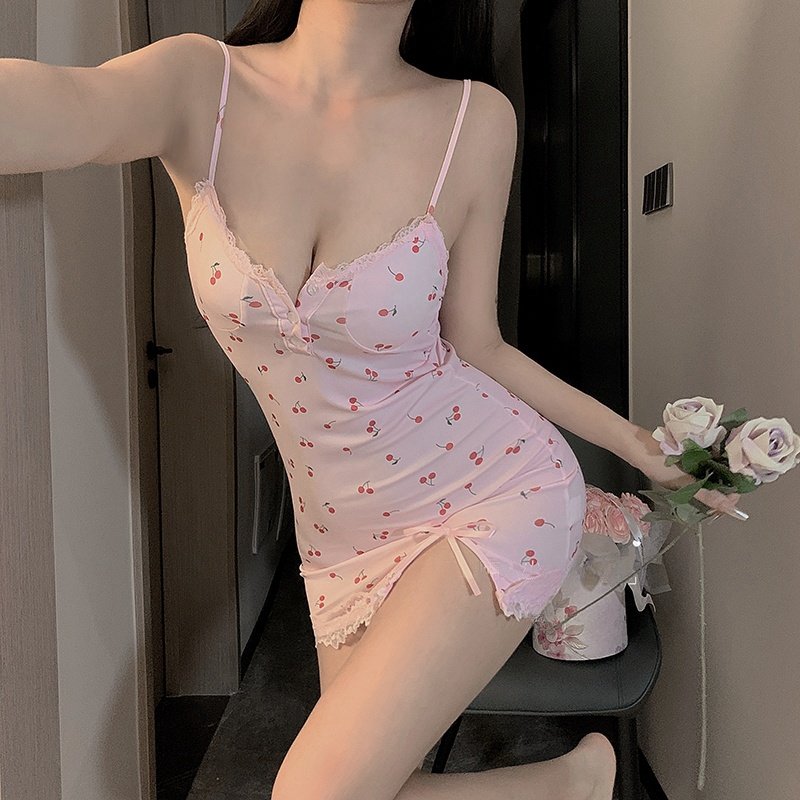 纯欲风甜美小清新碎花吊带睡裙夏季薄款低胸蕾丝边性感包臀短裙女
