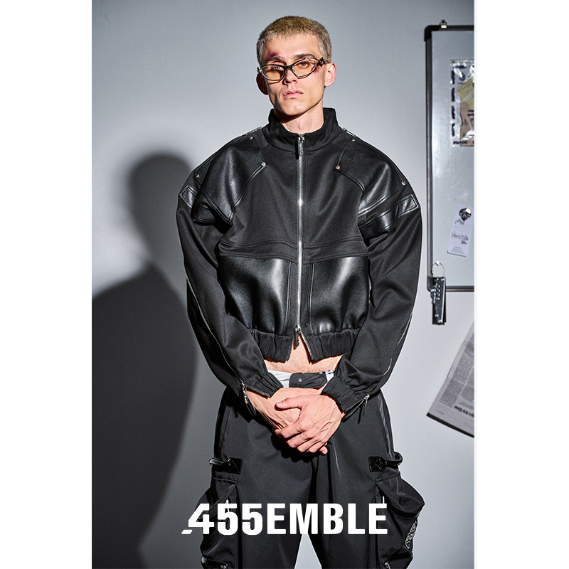 455EMBLE 皮革拼接短夹克立领拉链露肩时尚短外套男女同款外套