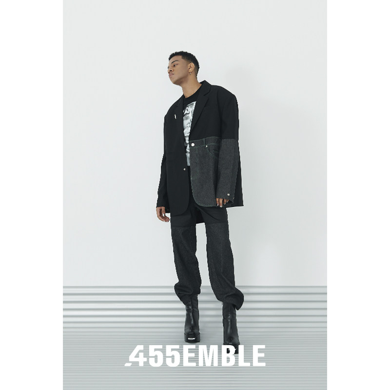 455EMBLE 春夏新款 中性牛仔拼接西装外套个性黑色上衣小众