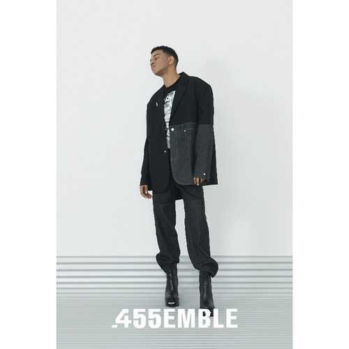 455EMBLE 春夏新款 中性牛仔拼接西装外套个性黑色上衣小众