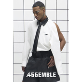 455EMBLE原创新款 男女同款 铆钉装 饰痞帅仿皮领翻领露背潮流白衬衫