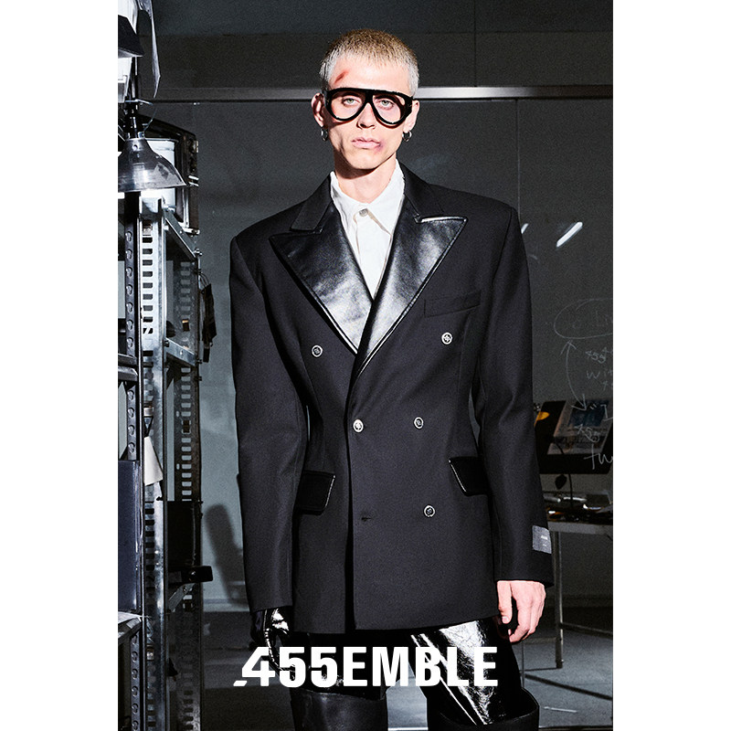 455emble中性收腰西装皮领西装沙漏西装沙漏腰双排扣西装男士西装