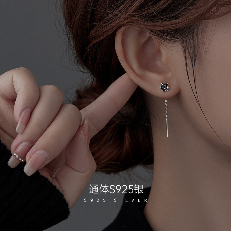 日系topwhits925银黑色山茶花耳线年新款潮气质长款流苏耳环女