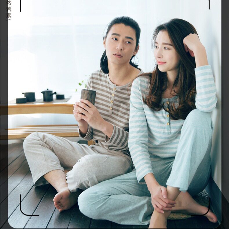日系CherryKokoa类色纺纱天竺棉针织条纹睡衣家居服长袖长裤套装