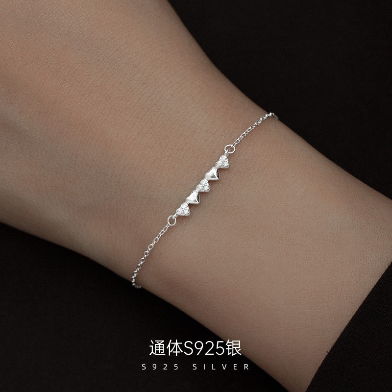 日系topwhit925银手链个性时尚爱心吊坠手环女简约细链叠戴配