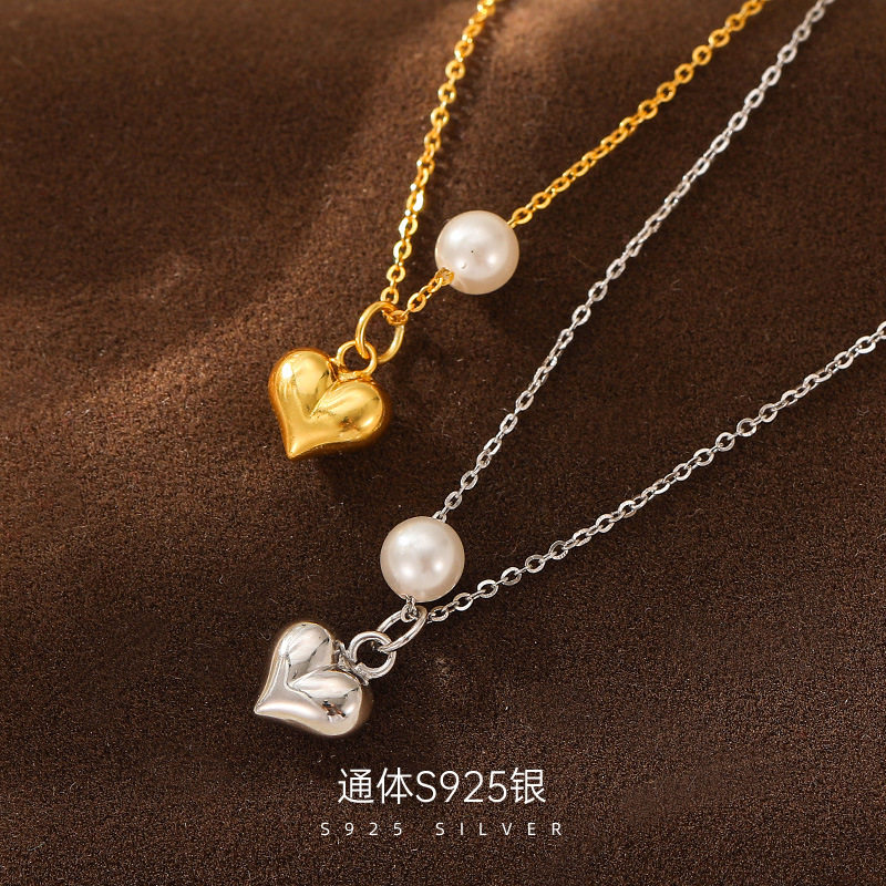 日系topwhit925银法式爱心项链女小众轻奢珍珠锁骨链立体桃心吊