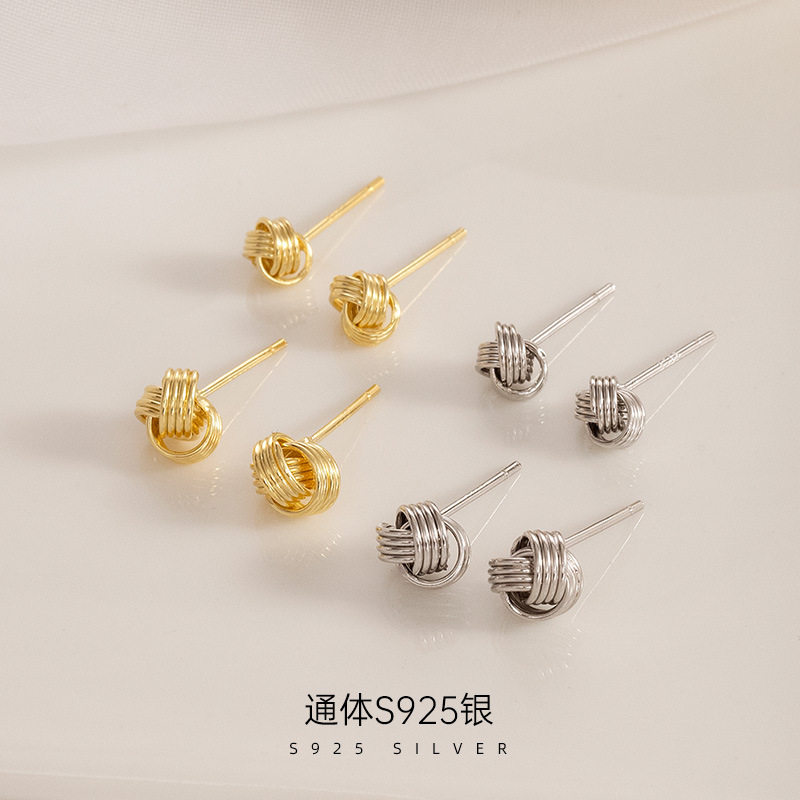 日系topwhit925银简约缠绕打结耳钉女款麻花小巧耳环毛线球设计