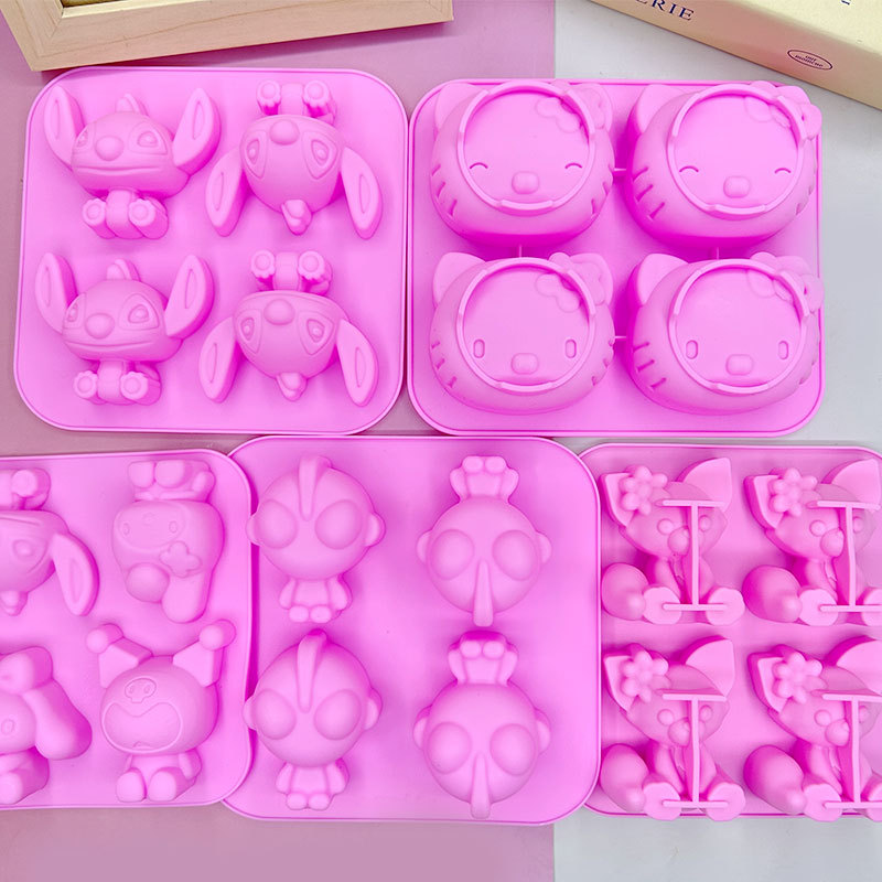 4连卡通KT猫小熊小兔硅胶diy巧克力钵仔糕米糕白凉粉烘焙石膏模具