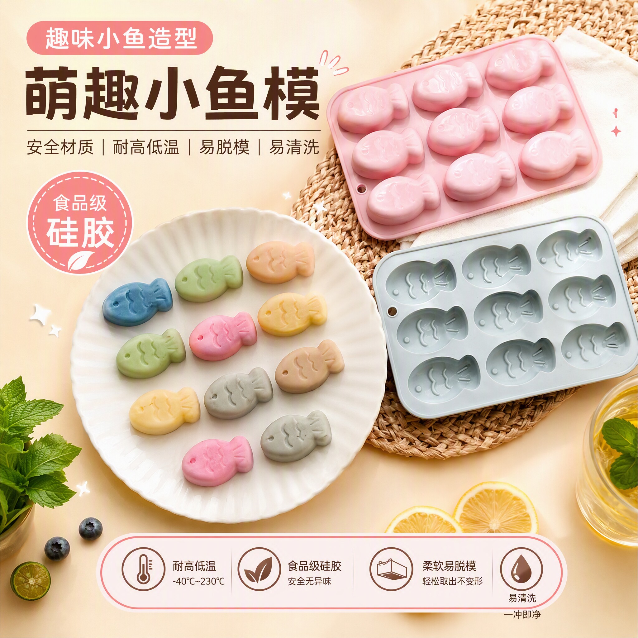 9连小鱼造型食品级硅胶蛋糕模糖果冻布丁diy巧克力烘焙模具耐高温