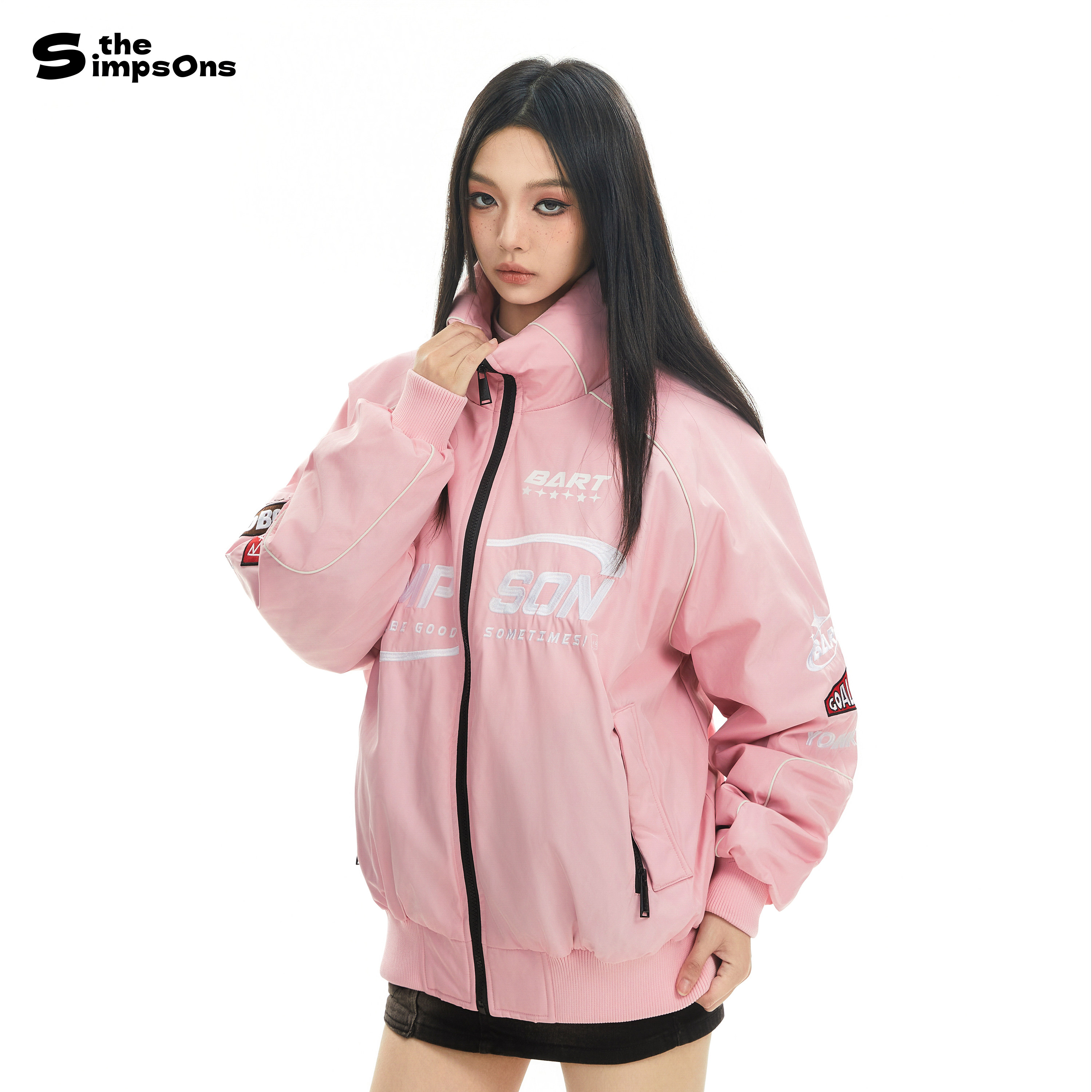 辛普森一家赛车羽绒服男士2026冬季新款冬装情侣机车风立领外套女