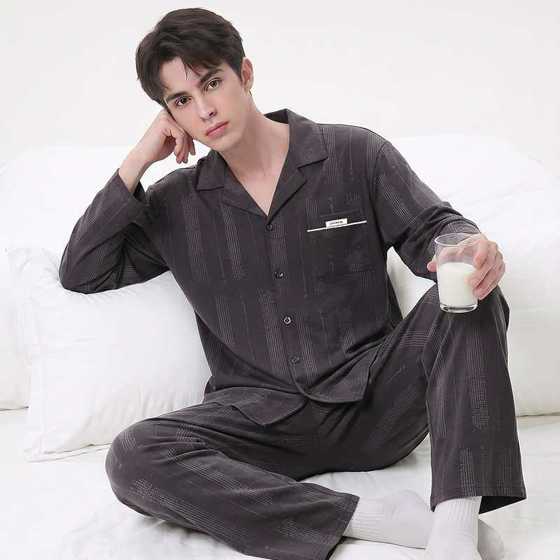 官方正品100%纯棉男士睡衣春秋款长袖开衫翻领男款大码宽松家居服